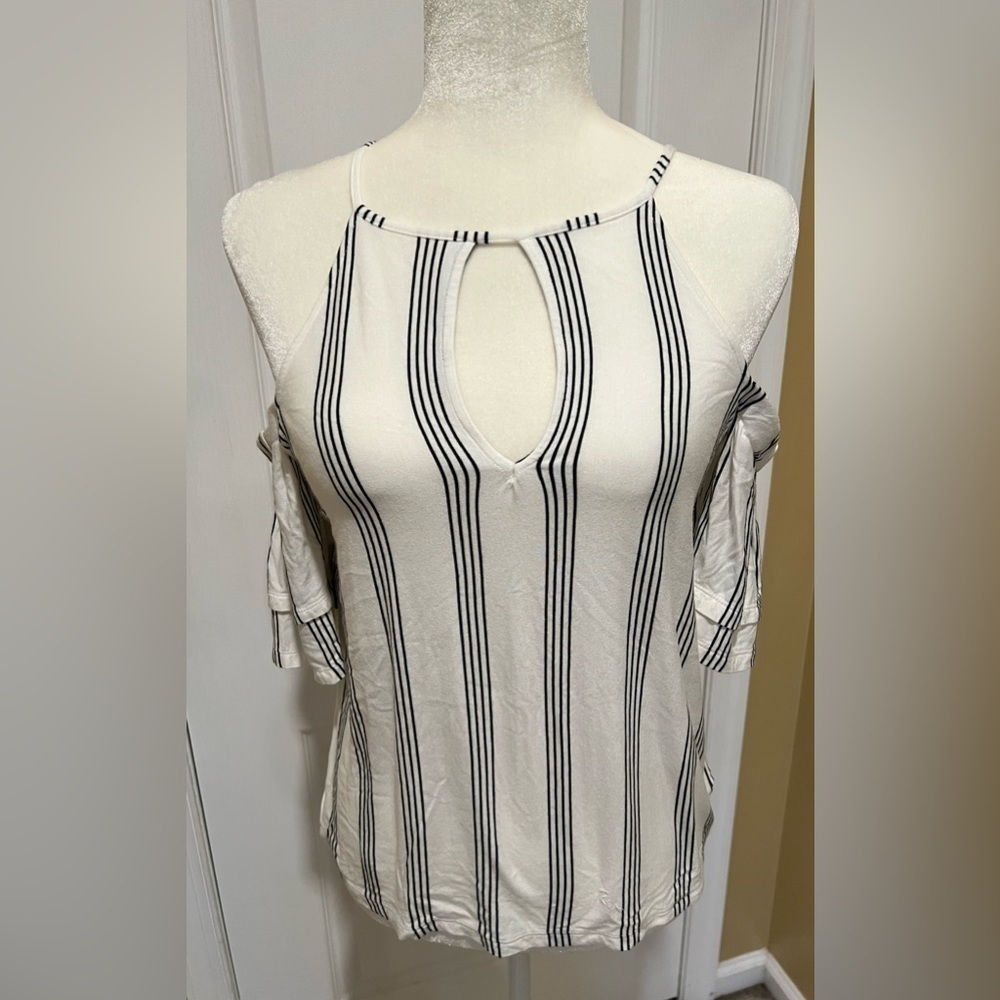 American Eagle XSmall White Black Stripe Cold Shoulder Ruffle Sleeve Keyhole Top